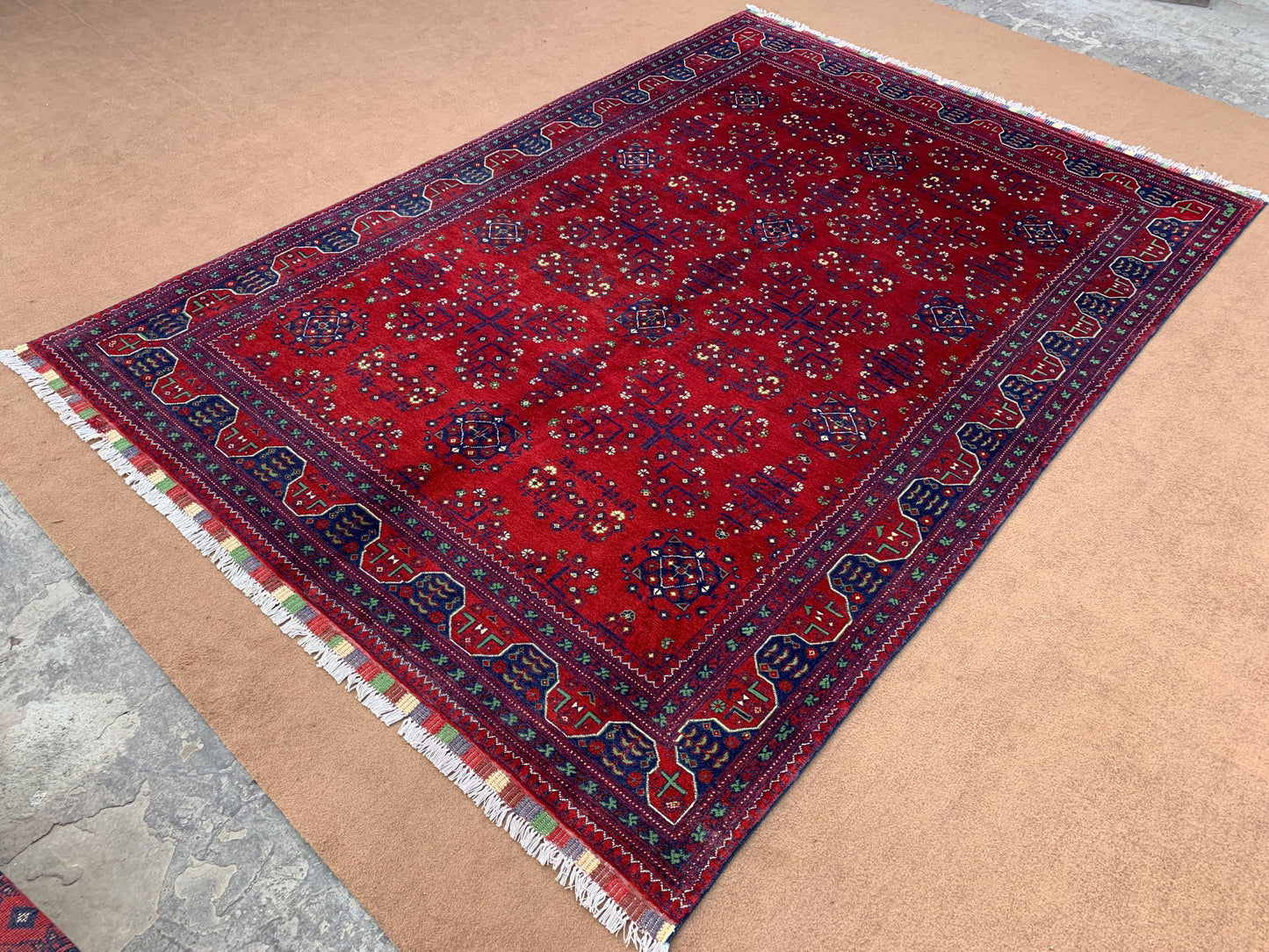 Red Blue Afghan Bukhara Rug 6x9 ft Handmade Turkmen Wool Rug