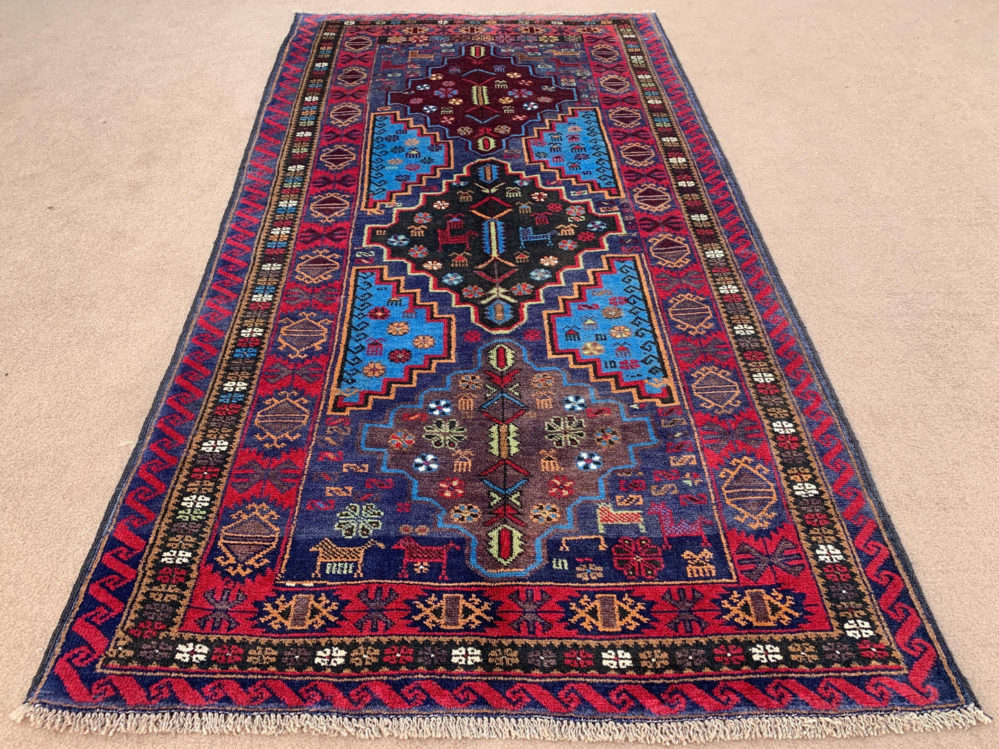4x6 ft Pictorial Geometric Vintage Baluchi Rug