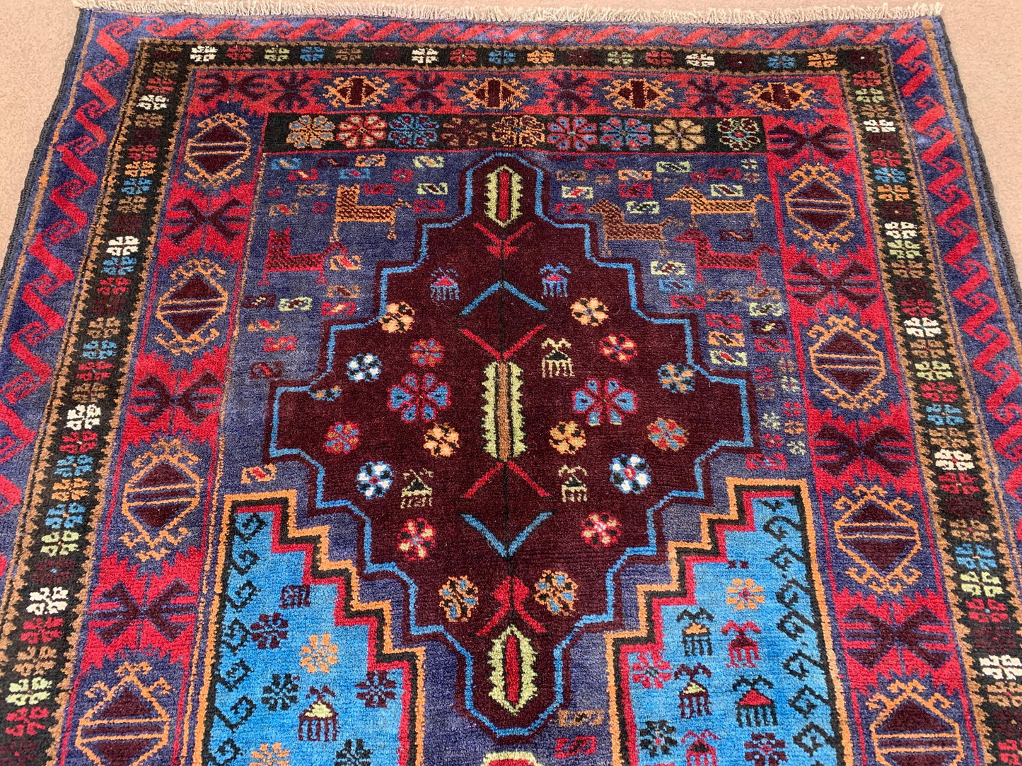 4x6 ft Pictorial Geometric Vintage Baluchi Rug