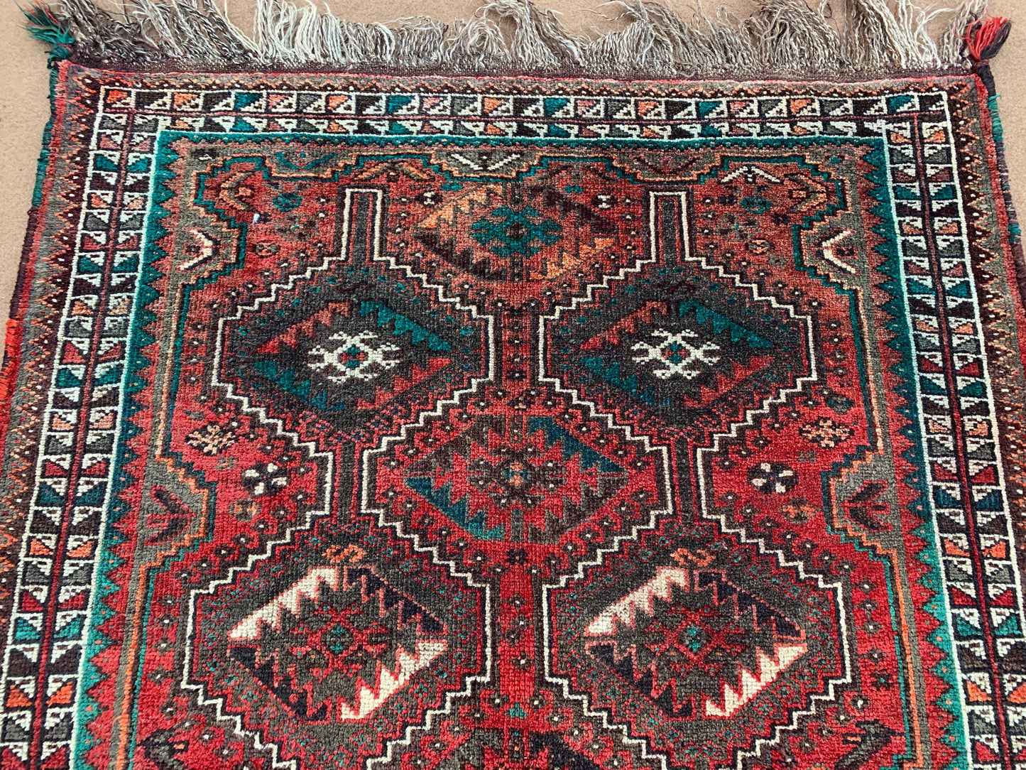 Vintage Rug 4x5 ft Hand Knotted Turkmen Geometric Caucasian Rug