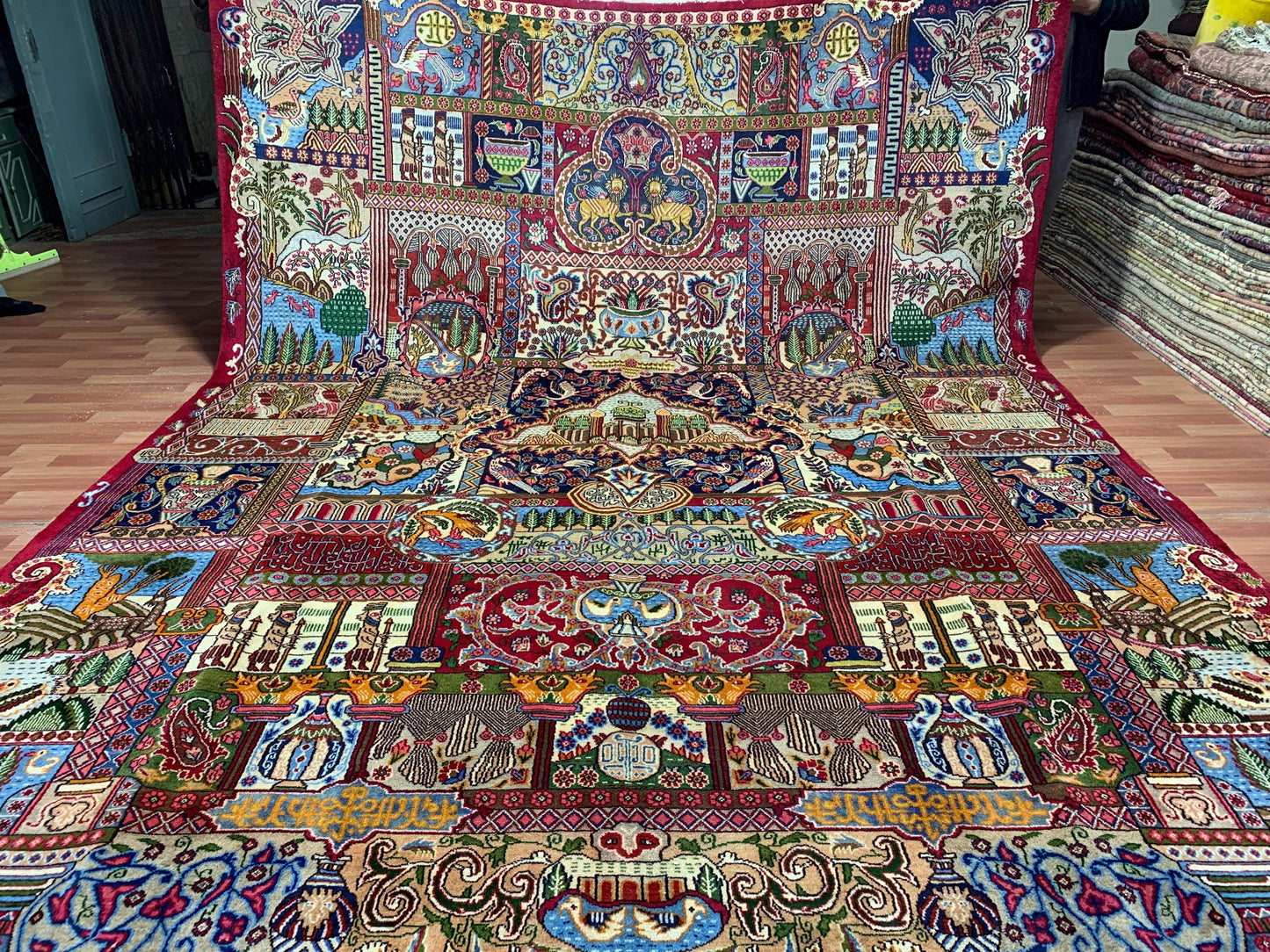 Large Pictorial Rug 10x13 ft Handmade Afghan Rug Animal Hunting Scene Rug