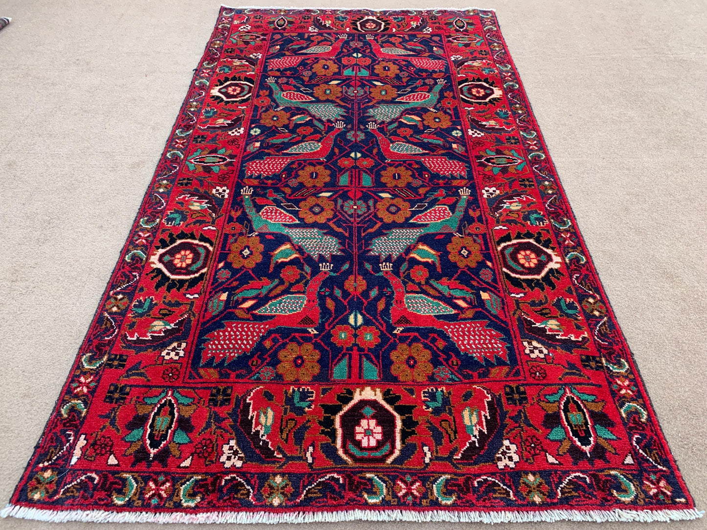 Pictorial Vintage Rug 4x6 Animal Birds Dark Blue Red Baluchi Wool Rug