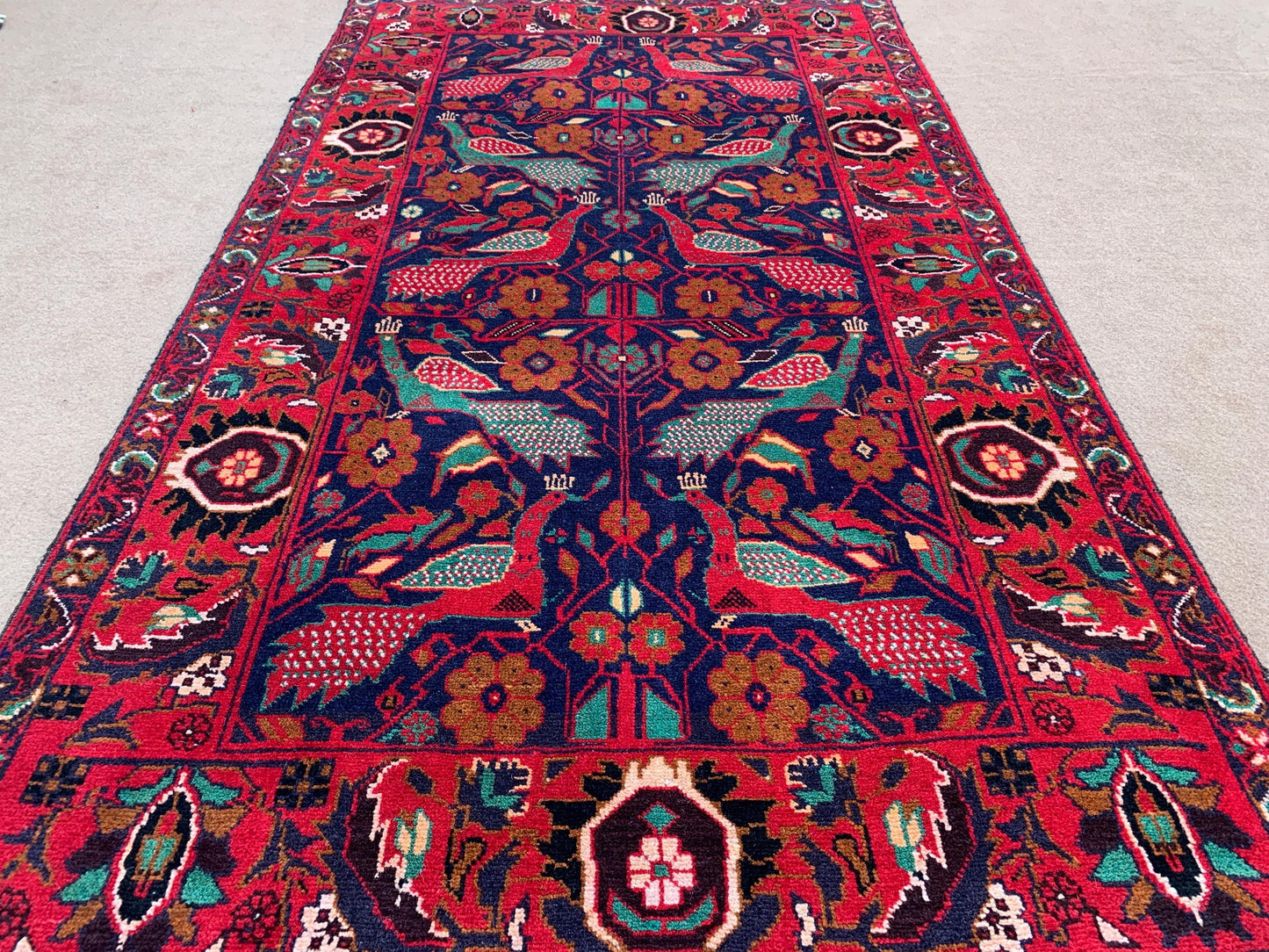 Pictorial Vintage Rug 4x6 Animal Birds Dark Blue Red Baluchi Wool Rug