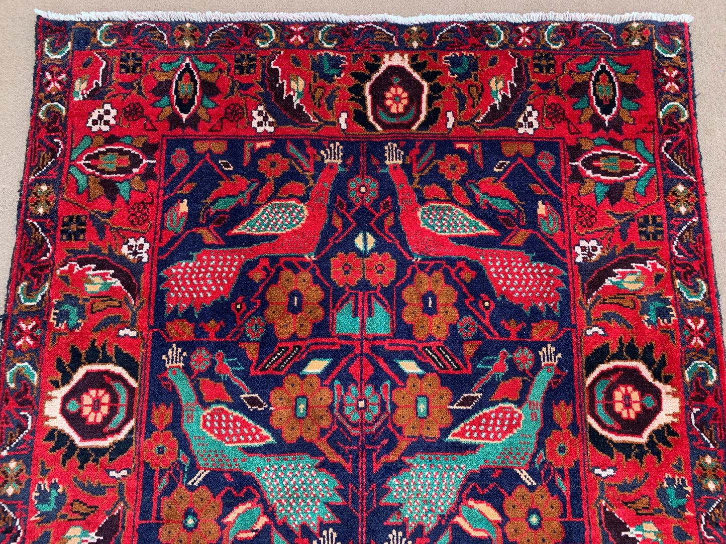 Pictorial Vintage Rug 4x6 Animal Birds Dark Blue Red Baluchi Wool Rug
