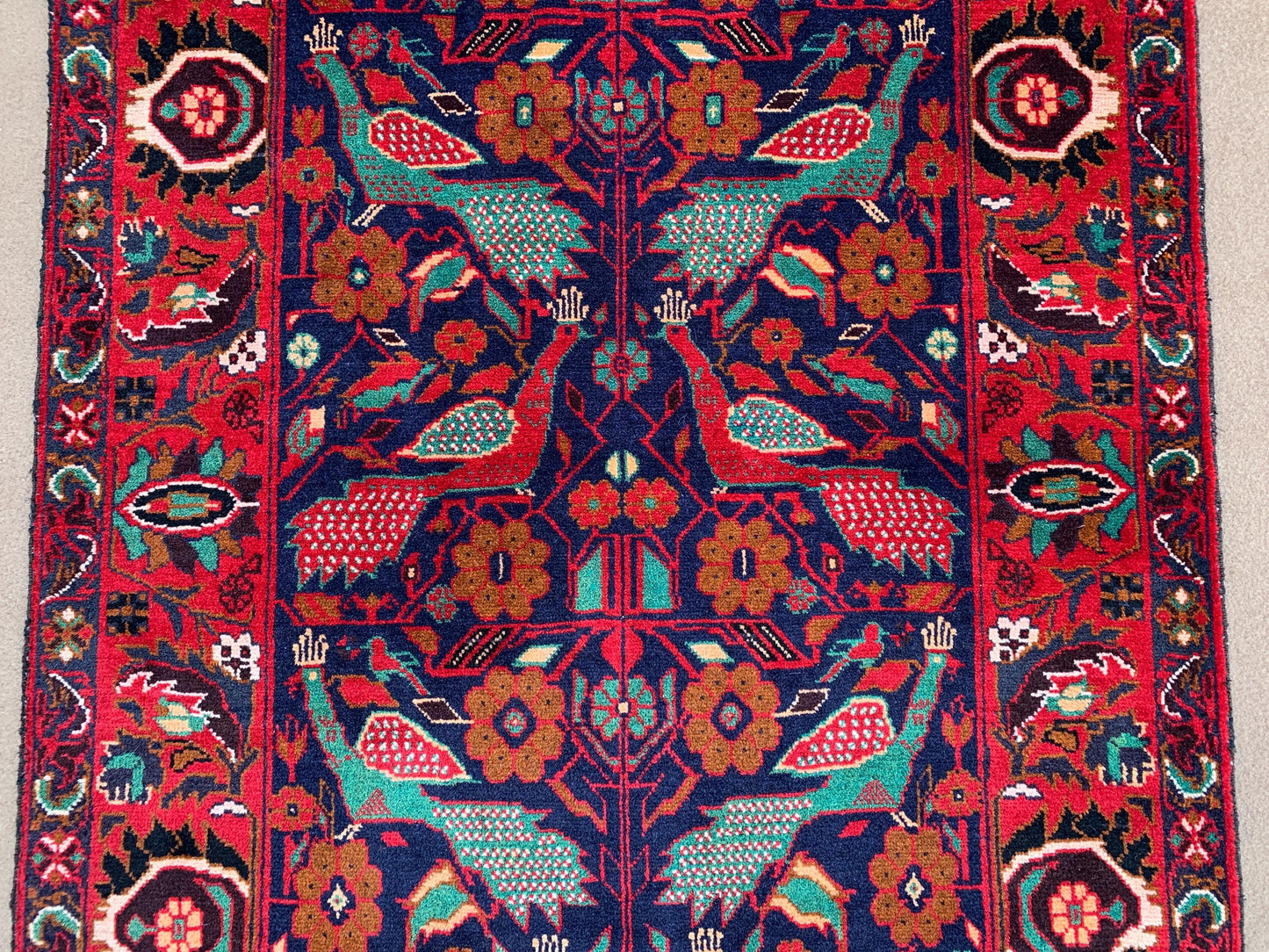 Pictorial Vintage Rug 4x6 Animal Birds Dark Blue Red Baluchi Wool Rug
