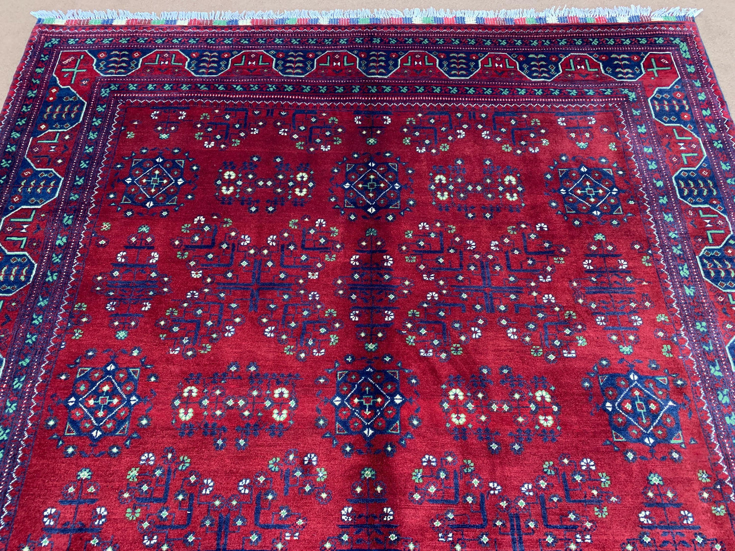 Red Blue Afghan Bukhara Rug 6x9 ft Handmade Turkmen Wool Rug