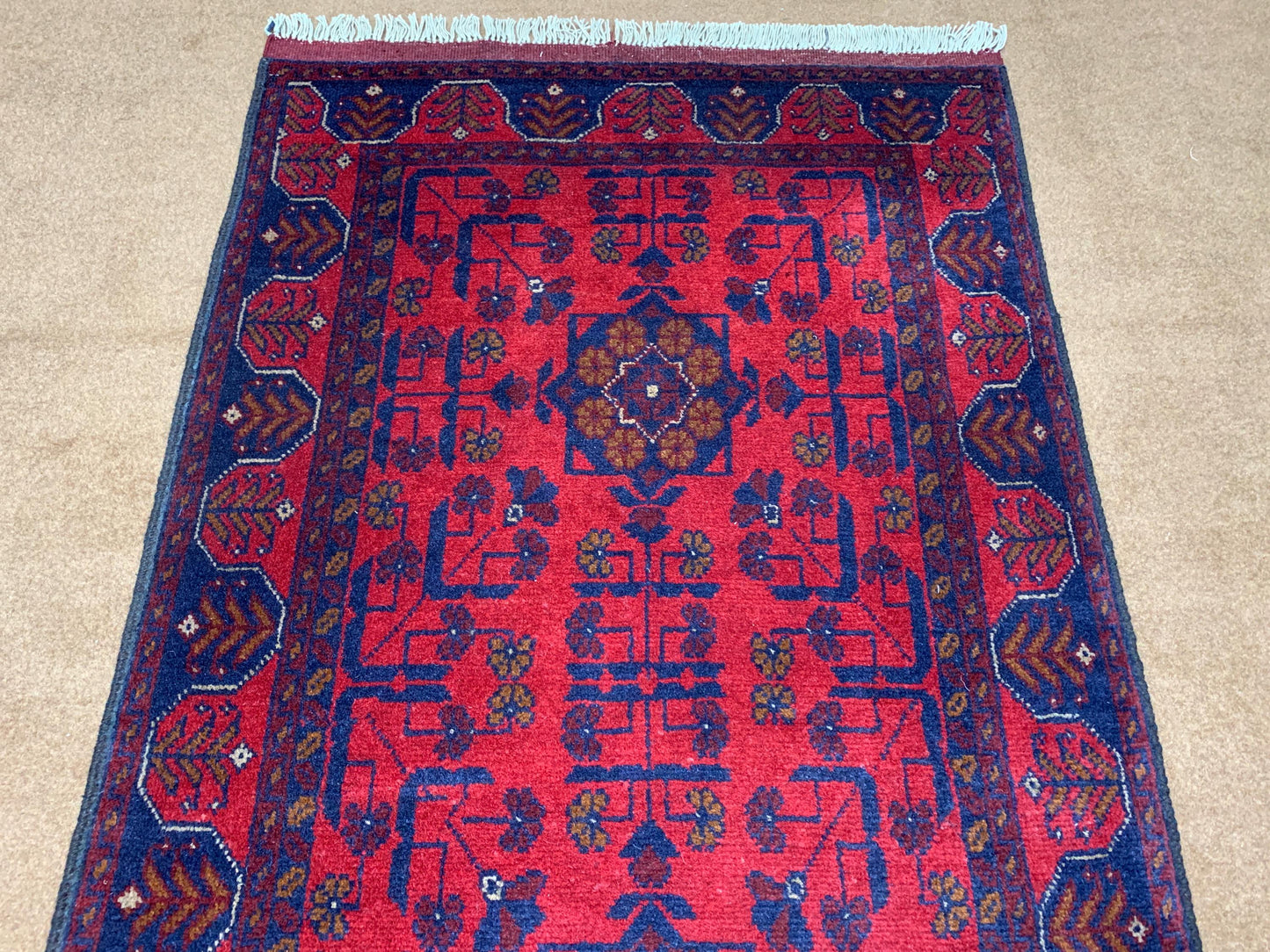 Red Runner Rug 3x9 ft Afghan Handmade , Bukhara design Khal Muhammadi Runner Rug