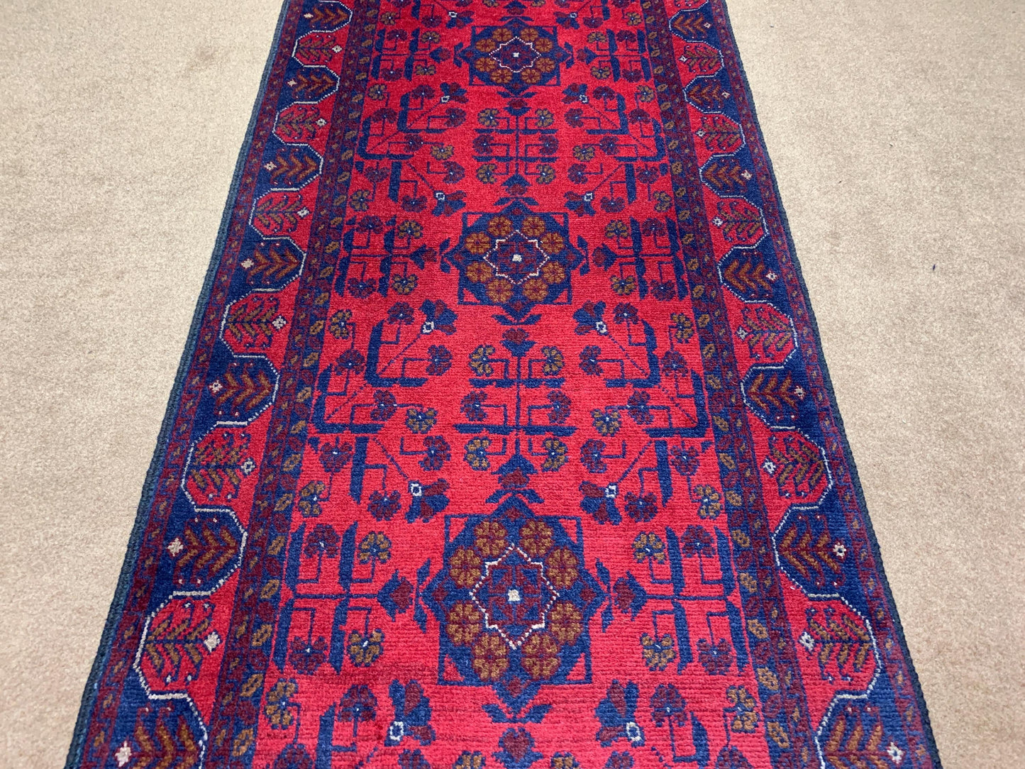 Red Runner Rug 3x9 ft Afghan Handmade , Bukhara design Khal Muhammadi Runner Rug