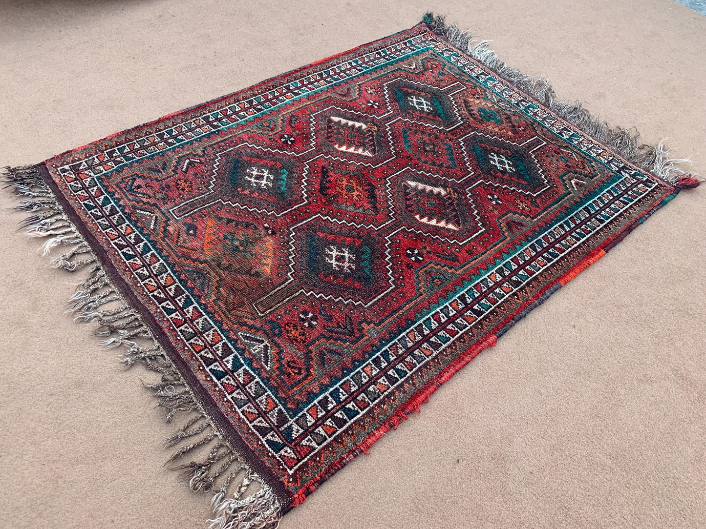 Vintage Rug 4x5 ft Hand Knotted Turkmen Geometric Caucasian Rug