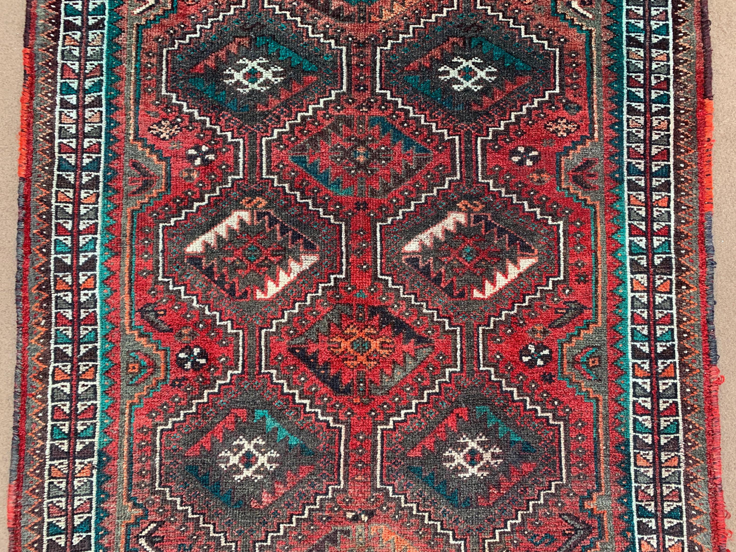 Vintage Rug 4x5 ft Hand Knotted Turkmen Geometric Caucasian Rug