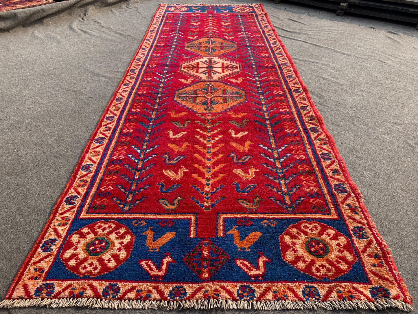 Vintage Pictorial Rug 4x12 ft Afghan Handmade Wool Runner Rug