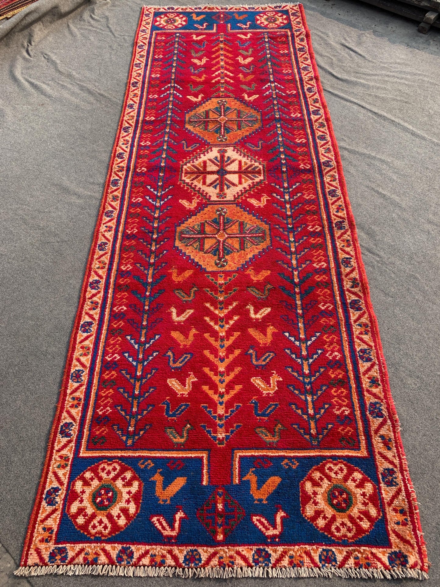 Vintage Pictorial Rug 4x12 ft Afghan Handmade Wool Runner Rug