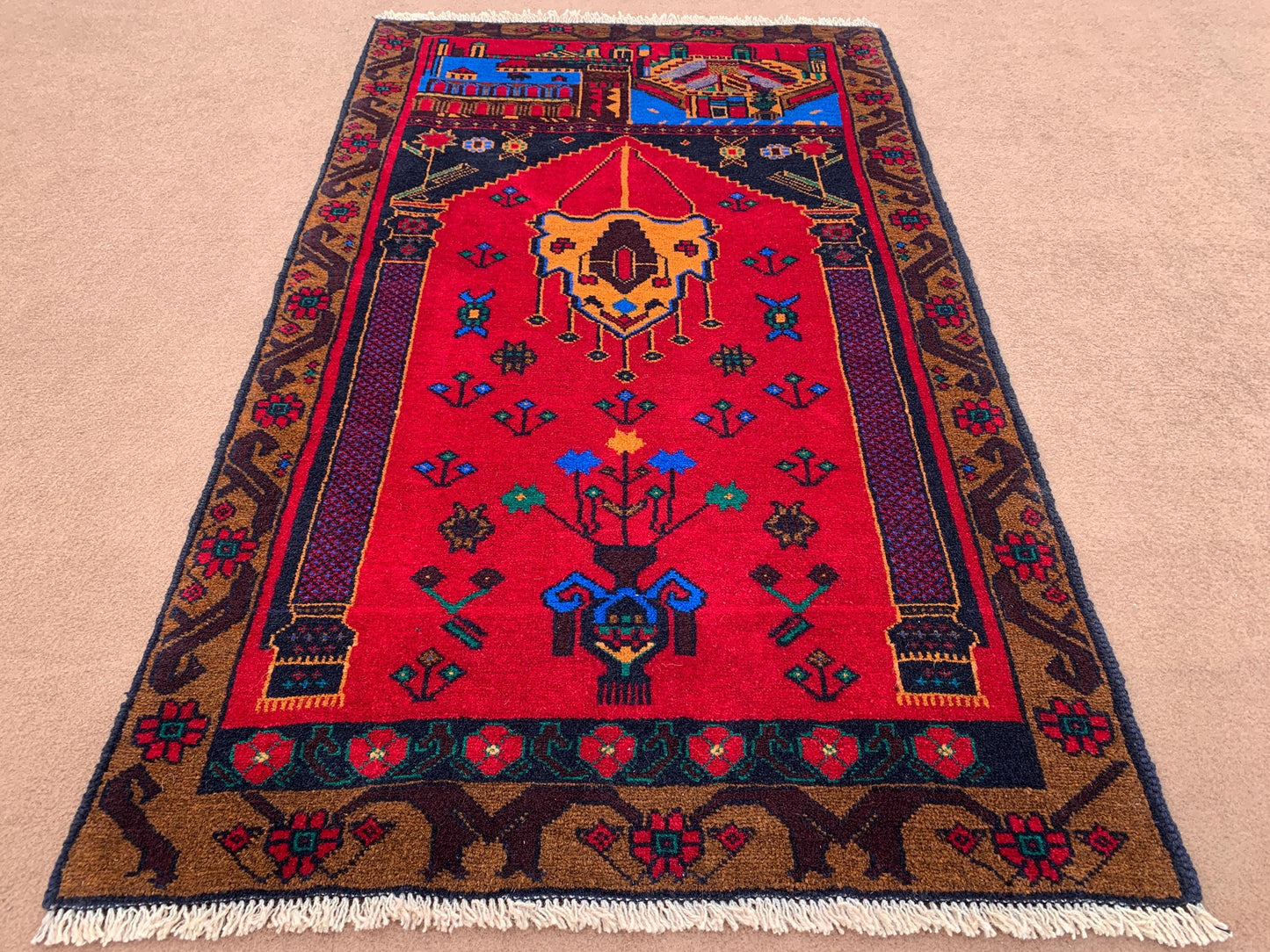 3x5 ft Red Vintage Prayer Rug Handmade Afghan Prayer Rug,