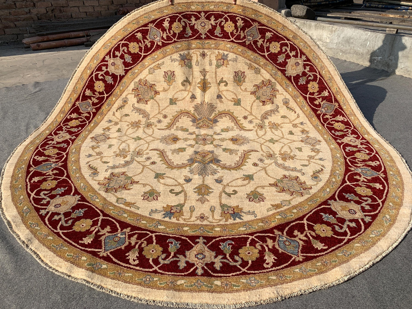 Beige Dark Red Round Chobi Rug 8x8 ft Handmade Turkmen Wool Rug