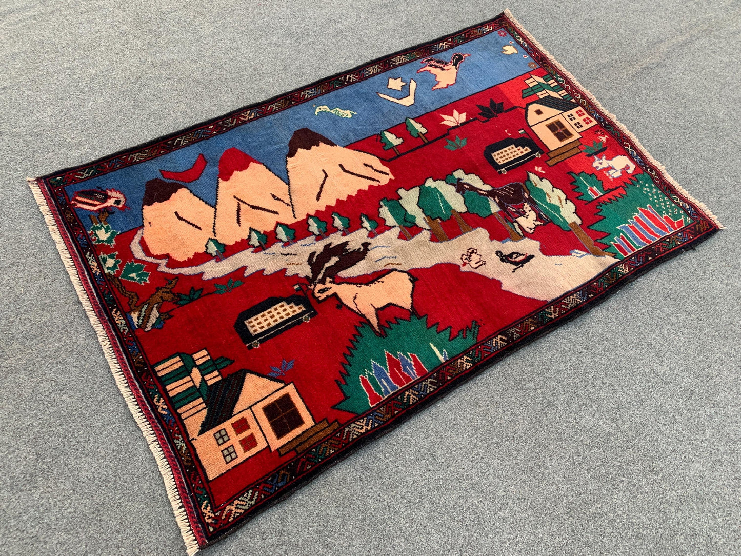 Pictorial Vintage Rug 3x4 ft Handmade Herati Baluchi Rug