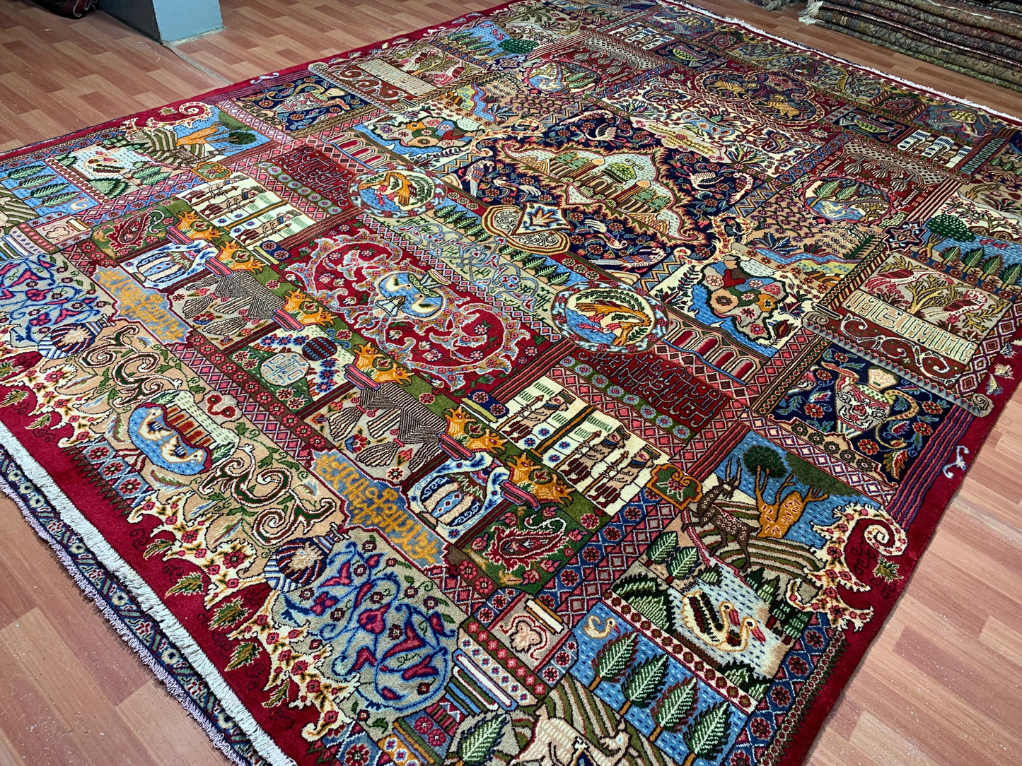 Large Pictorial Rug 10x13 ft Handmade Afghan Rug Animal Hunting Scene Rug