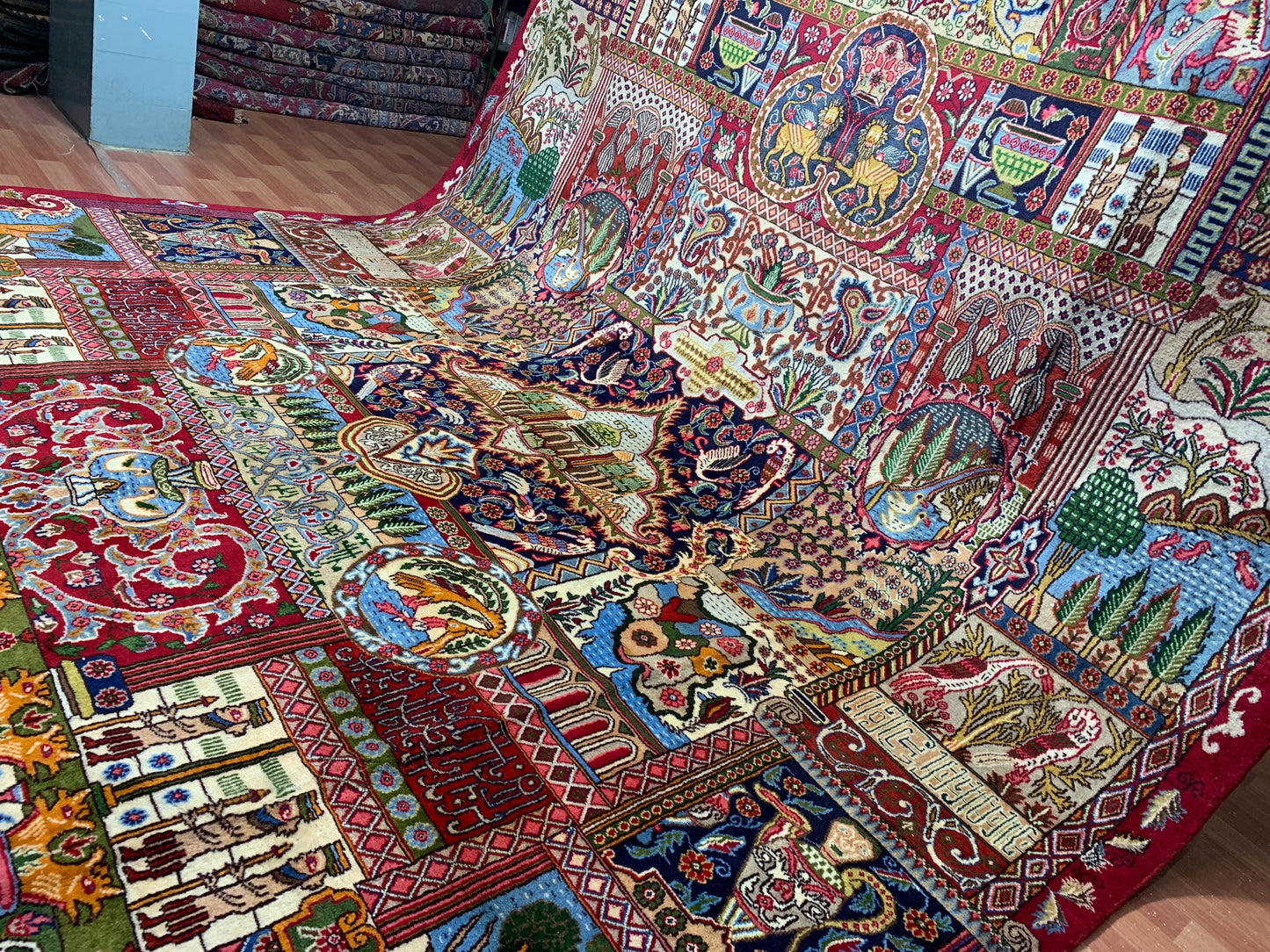 Large Pictorial Rug 10x13 ft Handmade Afghan Rug Animal Hunting Scene Rug