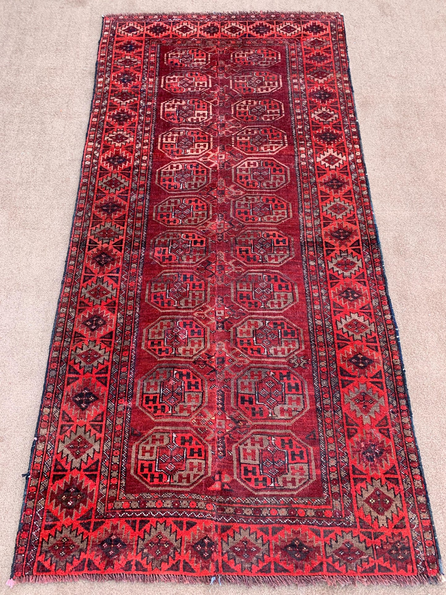 Vintage Rug 3x6 ft Handmade Turkmen Tekke design Rug