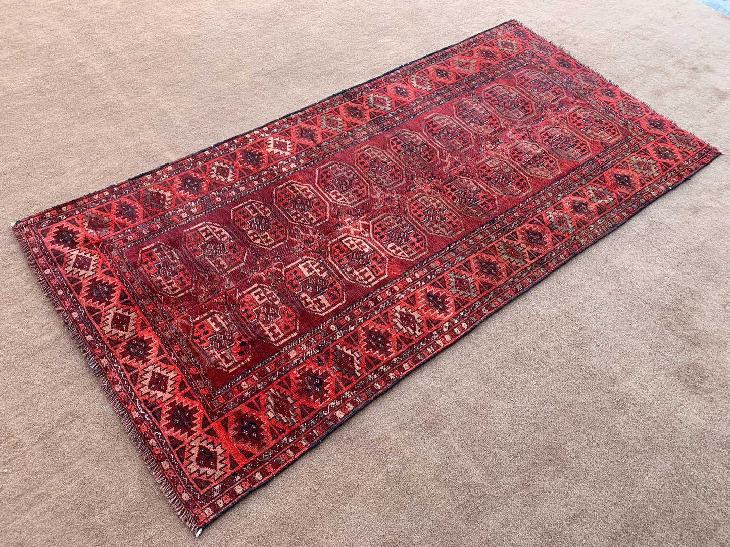 Vintage Rug 3x6 ft Handmade Turkmen Tekke design Rug