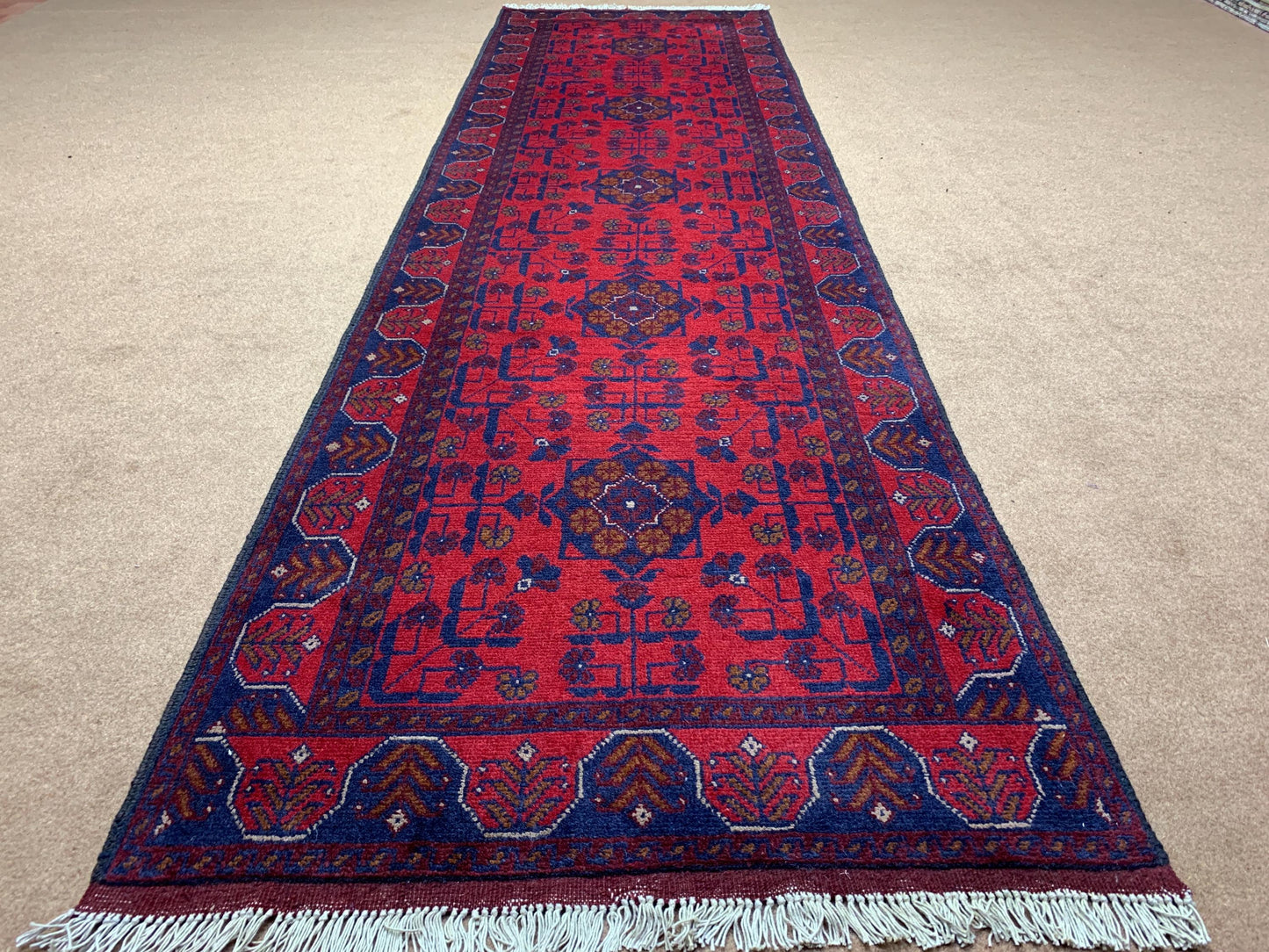 Red Runner Rug 3x9 ft Afghan Handmade , Bukhara design Khal Muhammadi Runner Rug