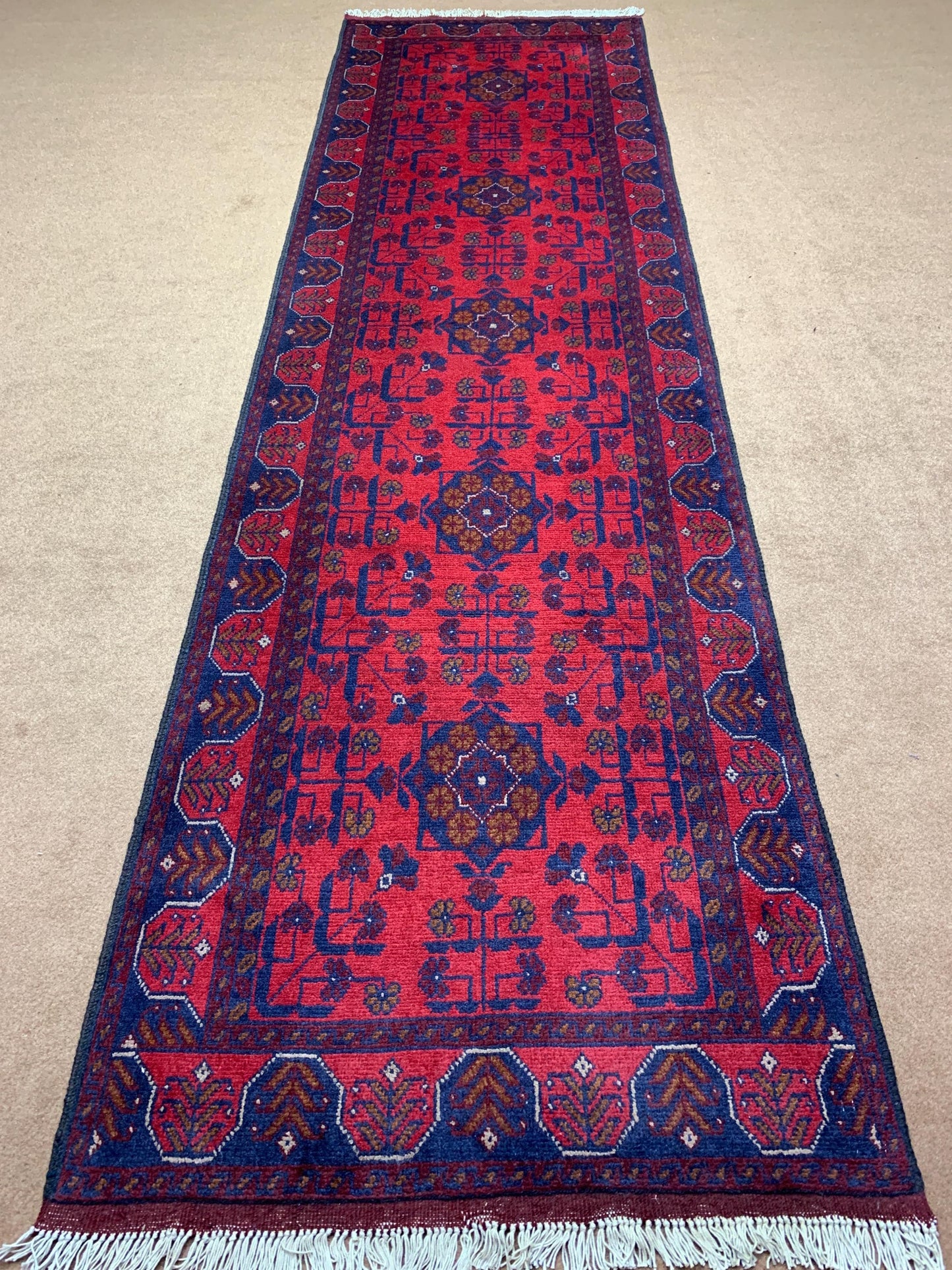 Red Runner Rug 3x9 ft Afghan Handmade , Bukhara design Khal Muhammadi Runner Rug
