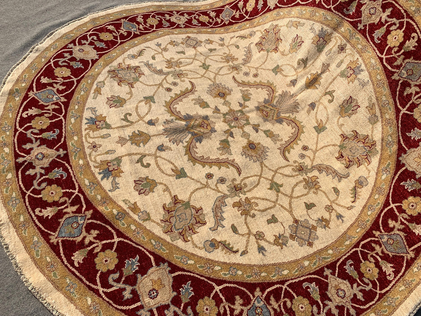 Beige Dark Red Round Chobi Rug 8x8 ft Handmade Turkmen Wool Rug