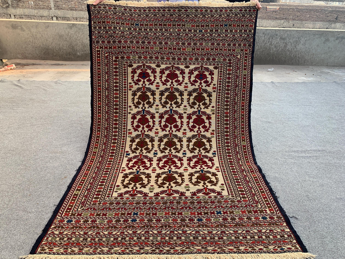 Beige Afghan Kilim Rug 4x6 ft Herati Handmade Wool Sumak Kilim Rug