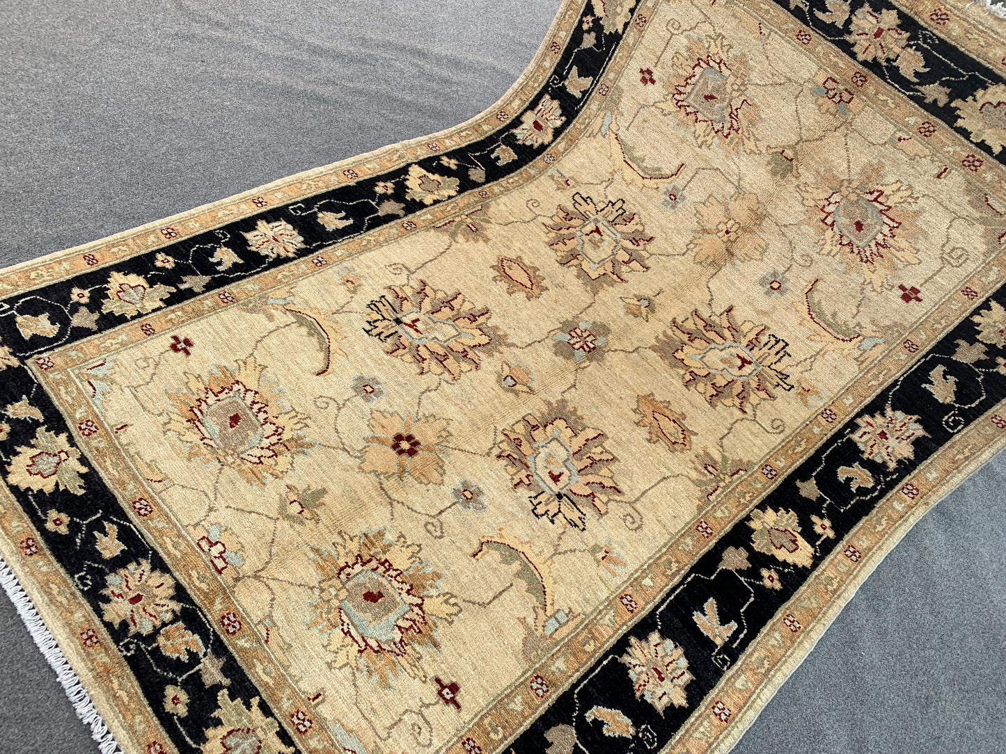 Beige Black Afghan Floral Rug, Hand Knotted Wool Area Rug, Traditional Turkmen Rug, Home Decor Rug, Rugs for Bedroom Living Room Rug 4x6 ft