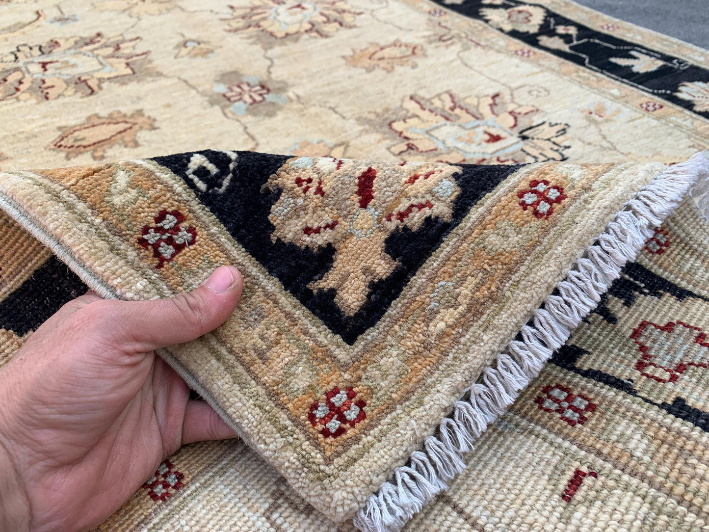 Beige Black Afghan Floral Rug, Hand Knotted Wool Area Rug, Traditional Turkmen Rug, Home Decor Rug, Rugs for Bedroom Living Room Rug 4x6 ft