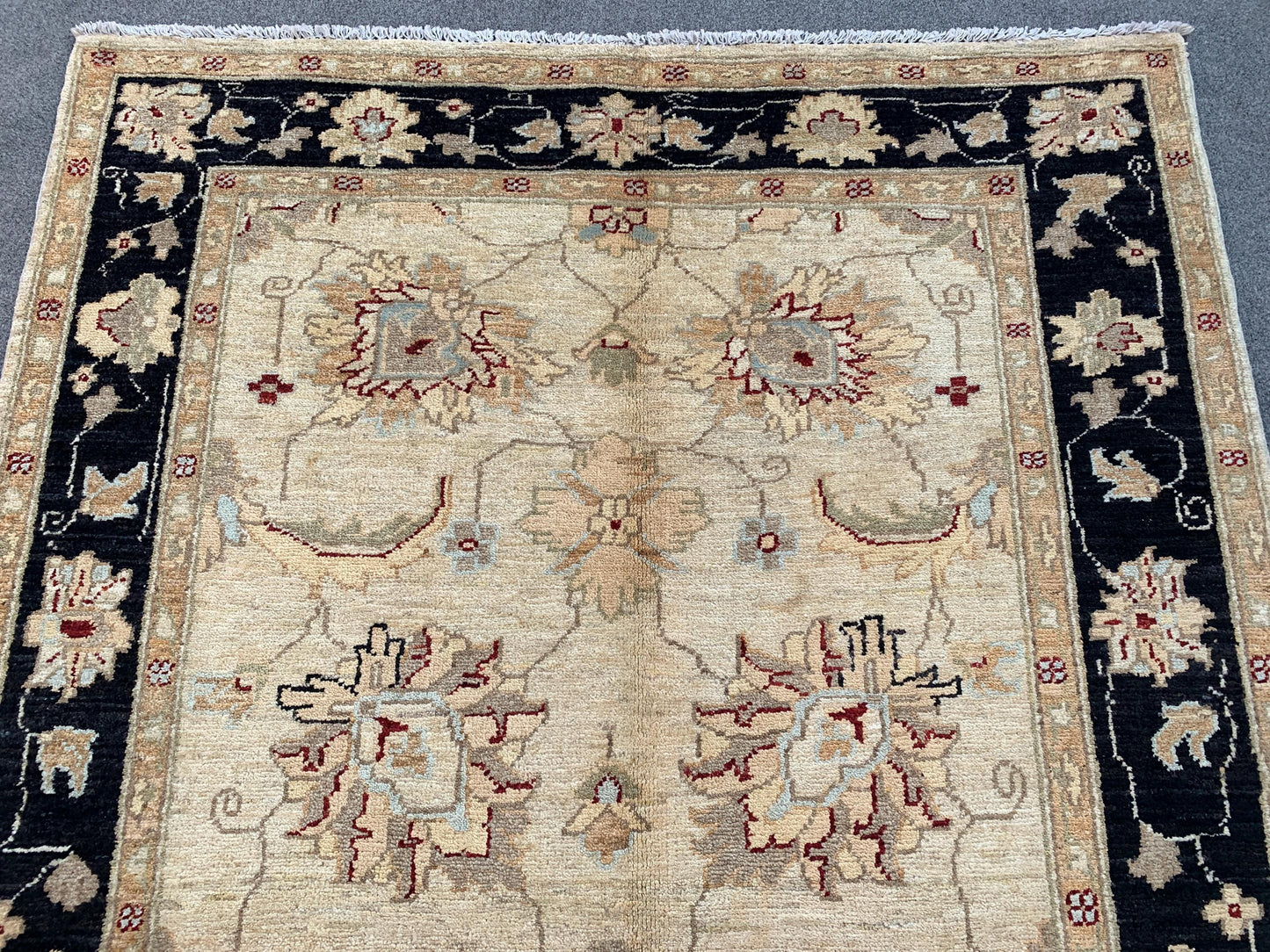 Beige Black Afghan Floral Rug, Hand Knotted Wool Area Rug, Traditional Turkmen Rug, Home Decor Rug, Rugs for Bedroom Living Room Rug 4x6 ft