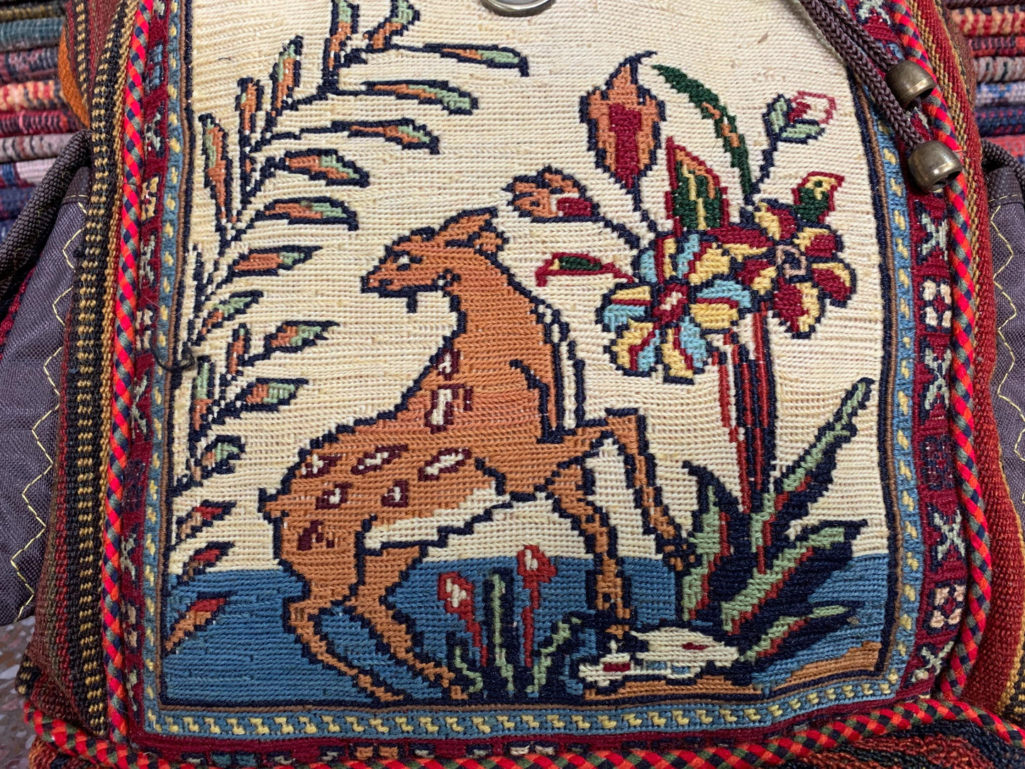 Vintage Pictorial Animal Backpack, Afghan Hand Knotted Backpack Rug, Knapsack Backpack Rug 0.8 x 1.4 ft Bag Pack, Travel Backpack Kilim Rug.