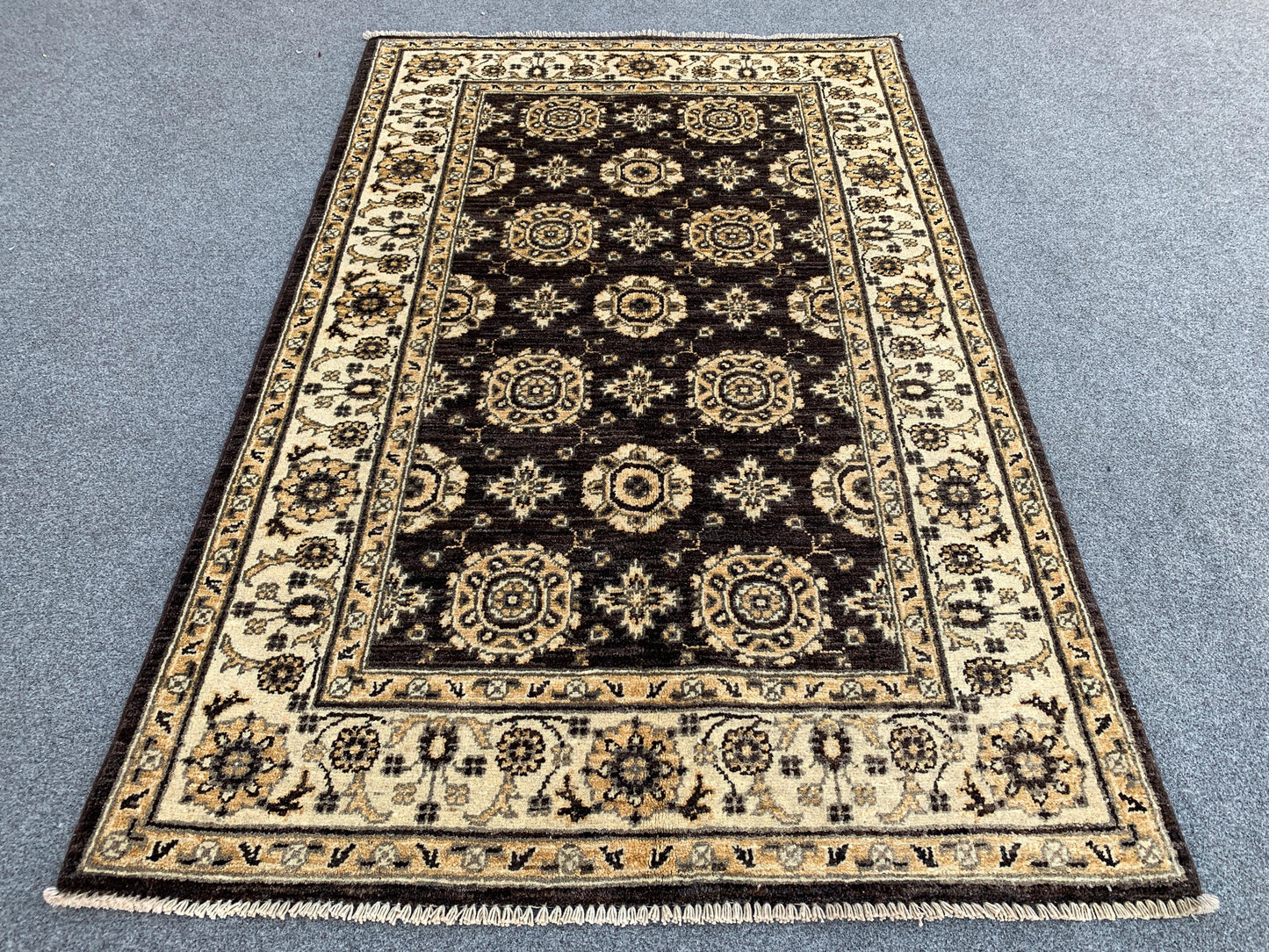 3x5 ft Afghan Black Beige Rug, Hand Knotted Wool Area Rug, Turkmen Traditional Rug, Chobi Rug Tekke design Rug, Home Decor Rug, Bedroom Rug.