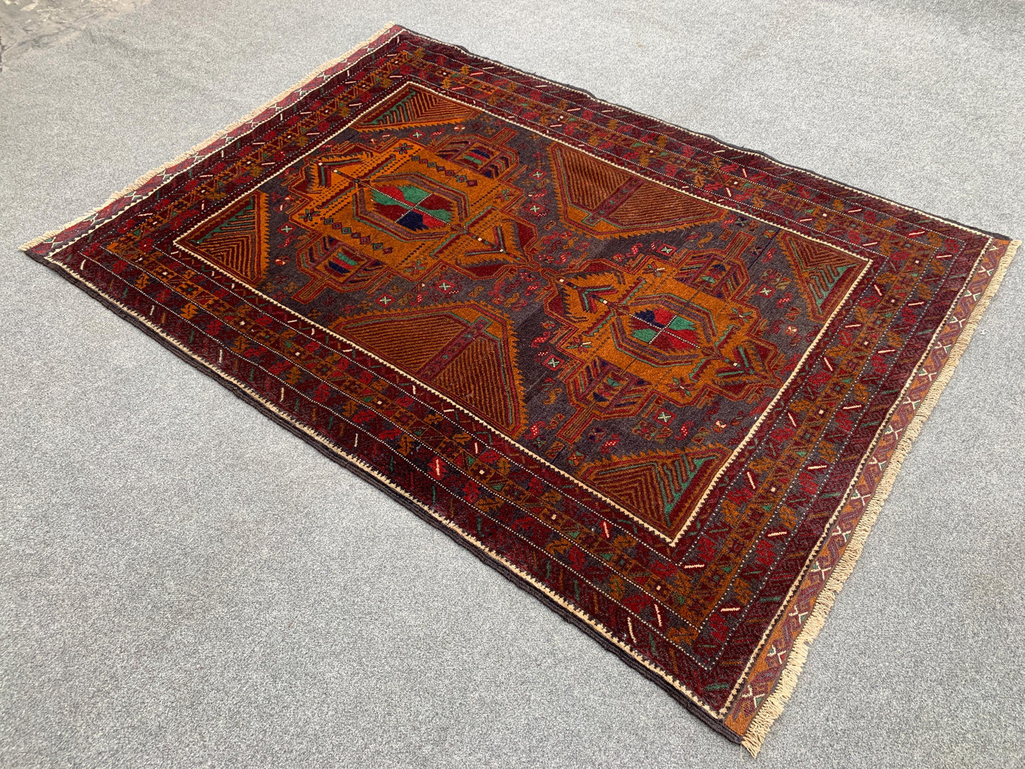 Vintage Geometric Rug, Famous Herati Baluchi Rug Afghan Hand Knotted Wool Rug, Black Dark Gold Rug Oriental Rug, Living Room Bedroom Rug 4x6