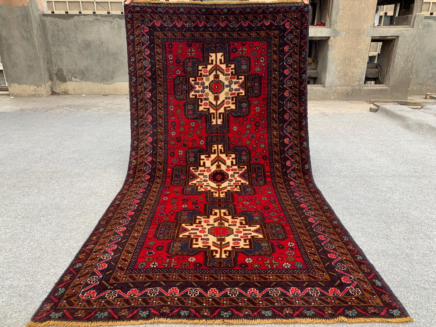 Vintage Herati Baluchi Rug, Handmade Wool Rug, Geometric Area Rug, Red Navy Blue Afghan Rug. Home Decor Rug, Living Room Bedroom Rug 4x6 ft