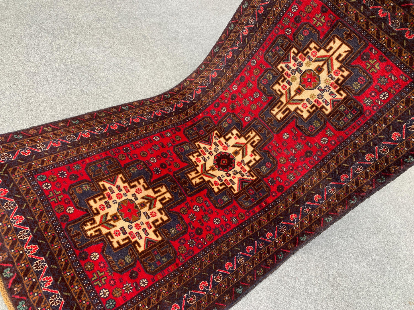 Vintage Herati Baluchi Rug, Handmade Wool Rug, Geometric Area Rug, Red Navy Blue Afghan Rug. Home Decor Rug, Living Room Bedroom Rug 4x6 ft