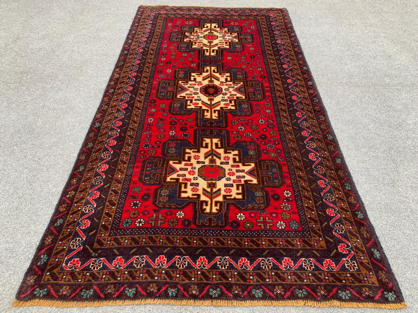 Vintage Herati Baluchi Rug, Handmade Wool Rug, Geometric Area Rug, Red Navy Blue Afghan Rug. Home Decor Rug, Living Room Bedroom Rug 4x6 ft