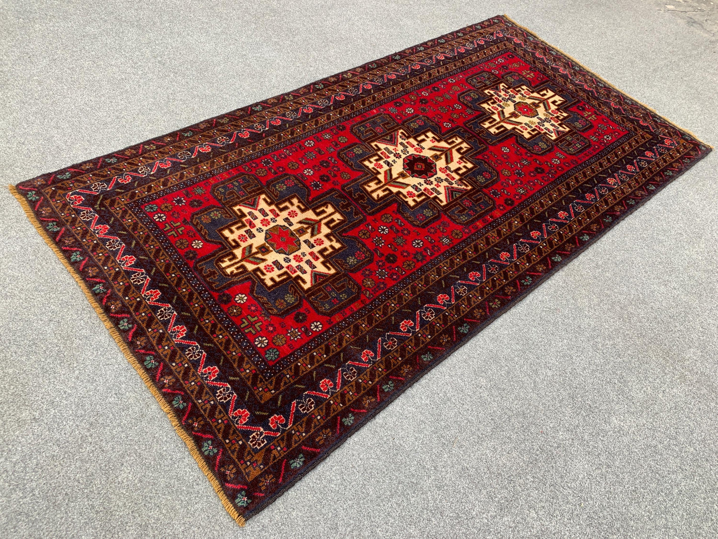 Vintage Herati Baluchi Rug, Handmade Wool Rug, Geometric Area Rug, Red Navy Blue Afghan Rug. Home Decor Rug, Living Room Bedroom Rug 4x6 ft
