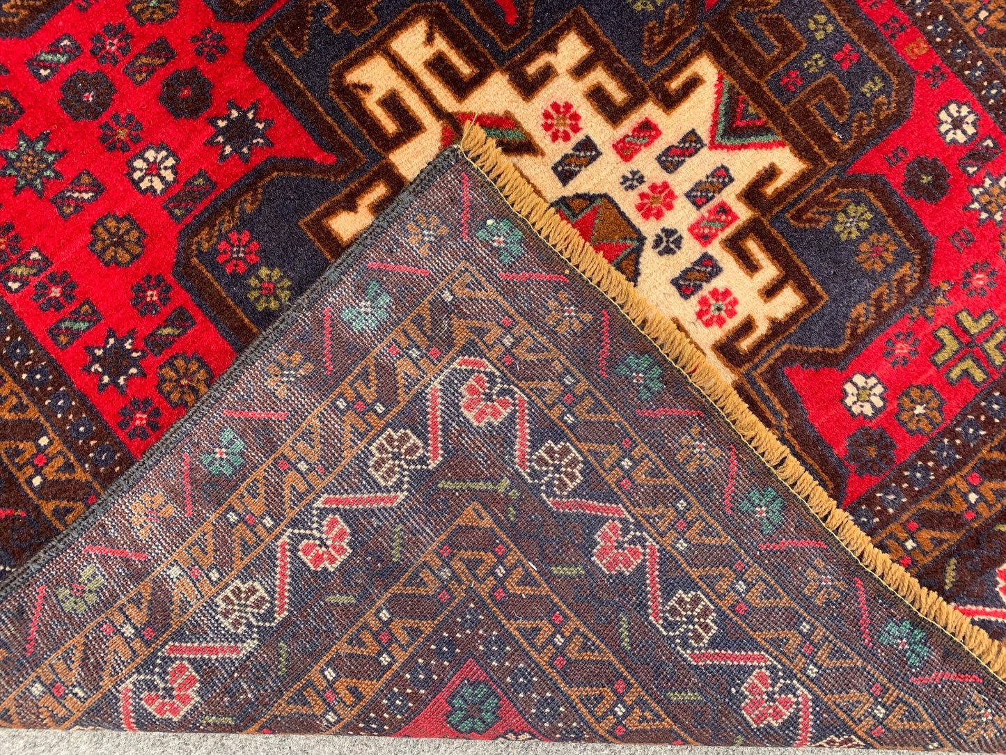 Vintage Herati Baluchi Rug, Handmade Wool Rug, Geometric Area Rug, Red Navy Blue Afghan Rug. Home Decor Rug, Living Room Bedroom Rug 4x6 ft
