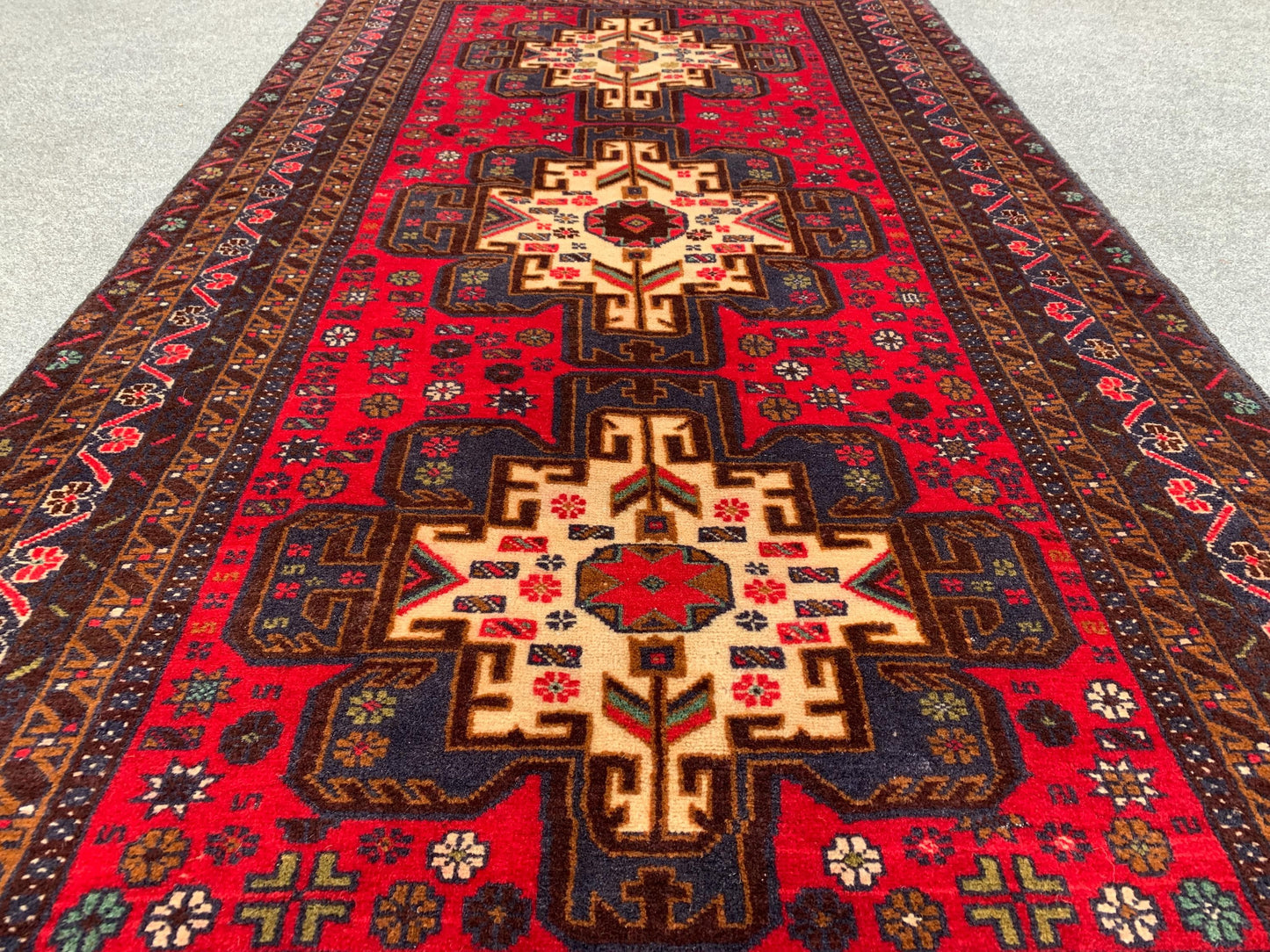 Vintage Herati Baluchi Rug, Handmade Wool Rug, Geometric Area Rug, Red Navy Blue Afghan Rug. Home Decor Rug, Living Room Bedroom Rug 4x6 ft
