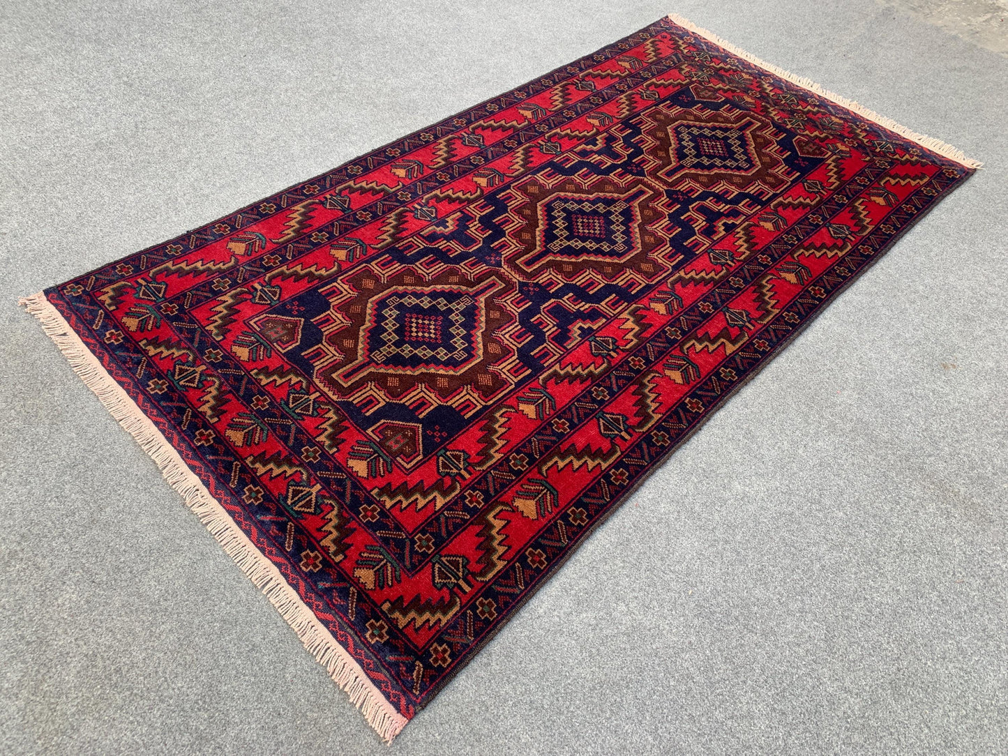 Famous Herati Baluchi Rug, Handmade Wool Rug, Vintage Afghan Rug Geometric Area Rug, Red Navy Blue Brown Rug. Living Room Bedroom Rug 4x6 ft