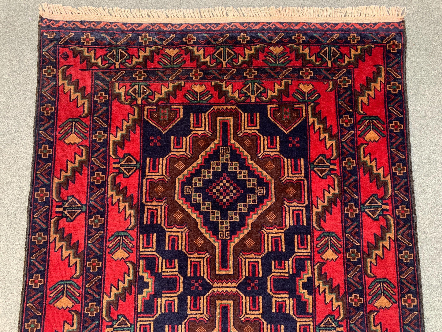 Famous Herati Baluchi Rug, Handmade Wool Rug, Vintage Afghan Rug Geometric Area Rug, Red Navy Blue Brown Rug. Living Room Bedroom Rug 4x6 ft