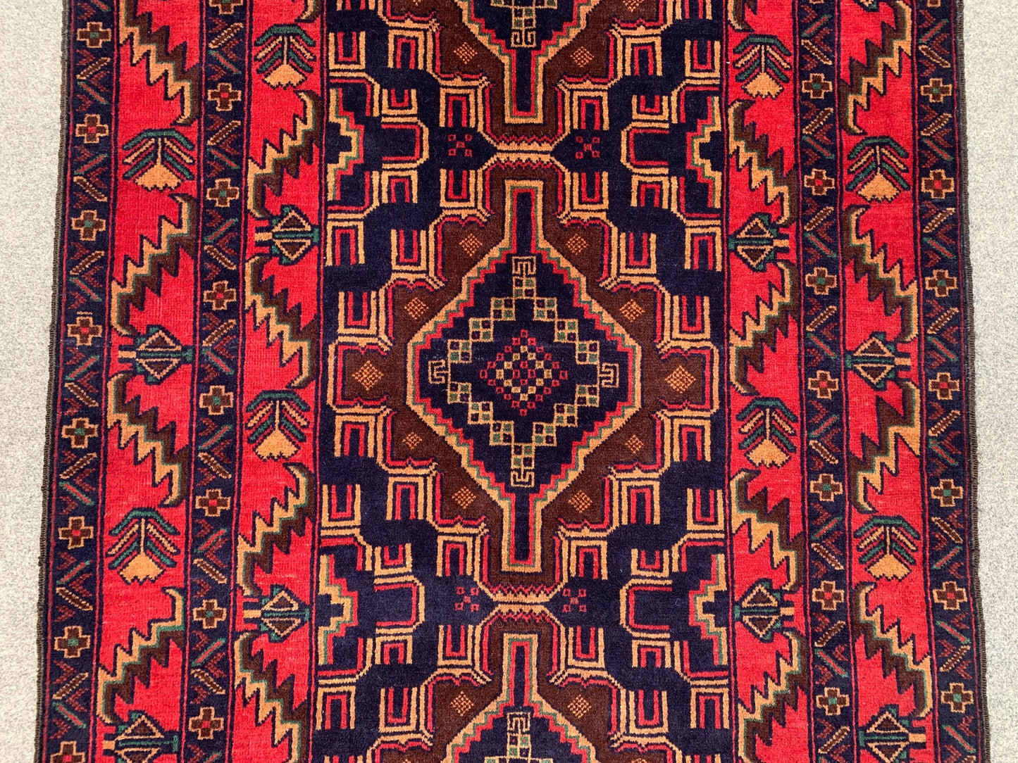 Famous Herati Baluchi Rug, Handmade Wool Rug, Vintage Afghan Rug Geometric Area Rug, Red Navy Blue Brown Rug. Living Room Bedroom Rug 4x6 ft