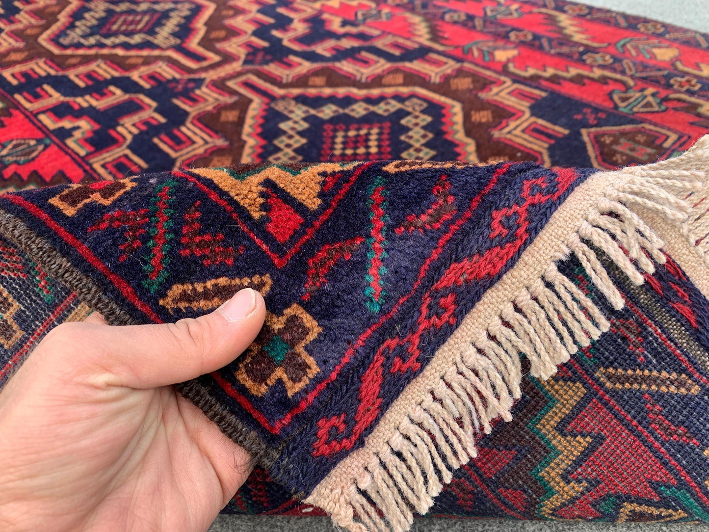 Famous Herati Baluchi Rug, Handmade Wool Rug, Vintage Afghan Rug Geometric Area Rug, Red Navy Blue Brown Rug. Living Room Bedroom Rug 4x6 ft