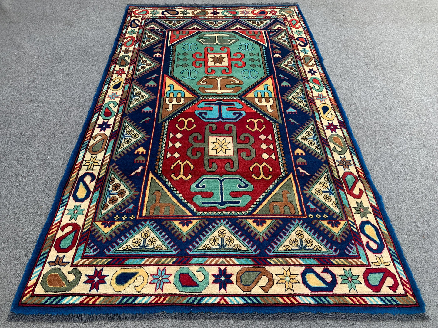 Afghan Geometric Peshawari Kazak Rug, Hand Knotted Wool Rug, Turkmen Tribal Rug, Oriental Rug Home Decor Rug, Bedroom Living Room Rug 4x7 ft