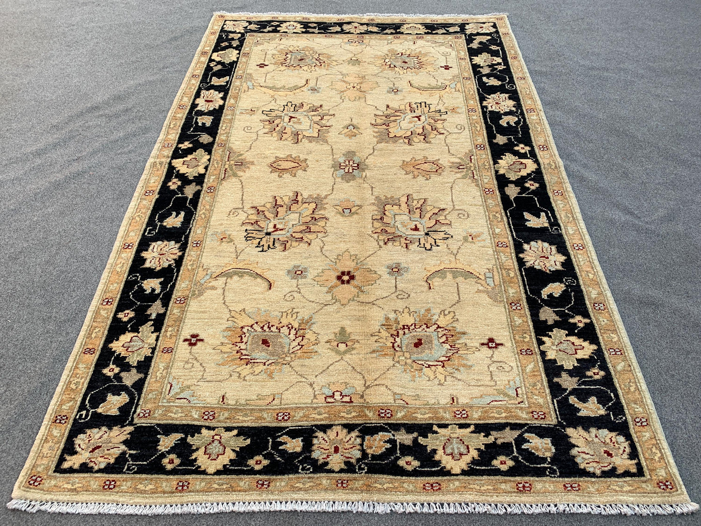 Beige Black Afghan Floral Rug, Hand Knotted Wool Area Rug, Traditional Turkmen Rug, Home Decor Rug, Rugs for Bedroom Living Room Rug 4x6 ft