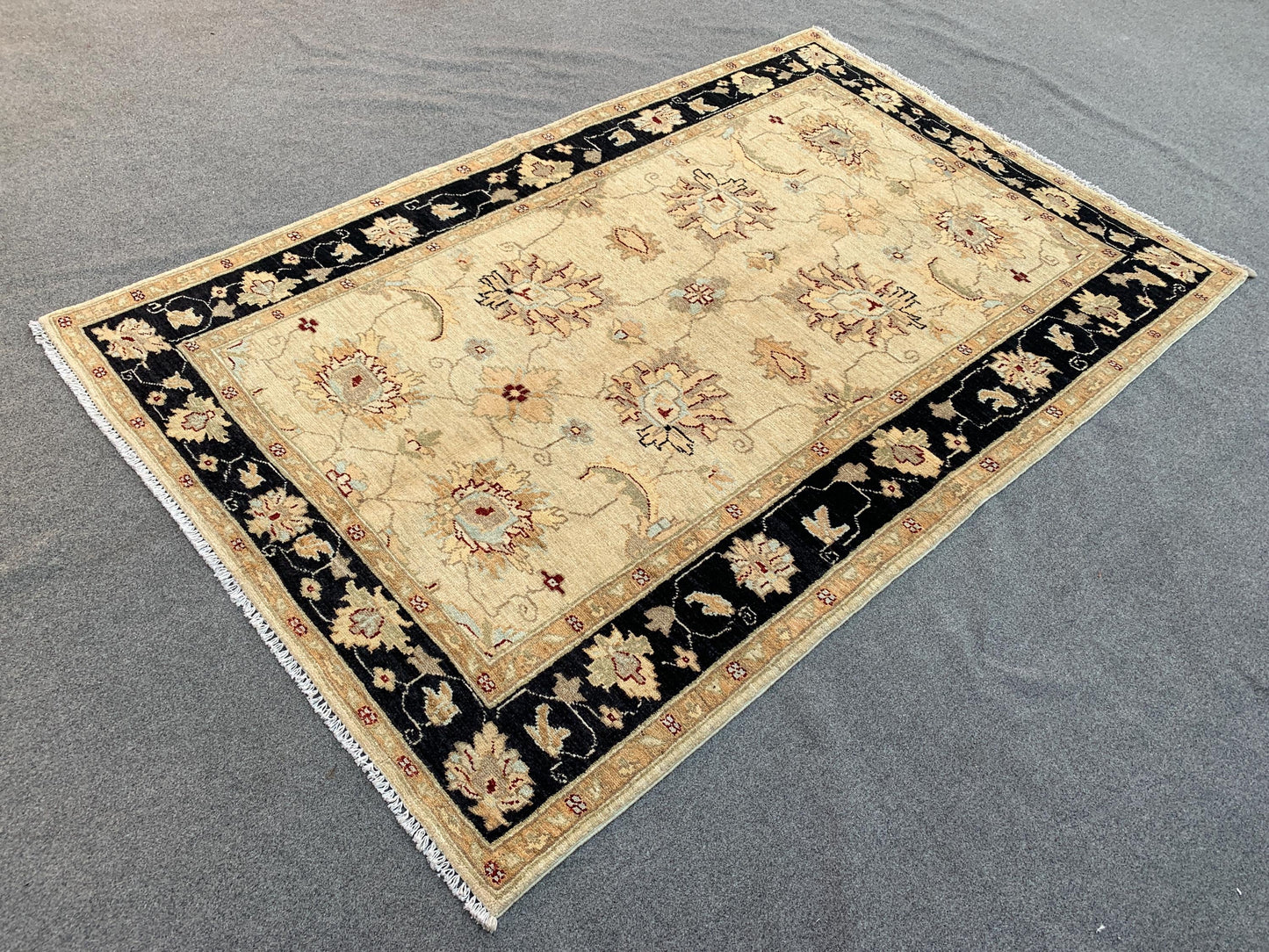 Beige Black Afghan Floral Rug, Hand Knotted Wool Area Rug, Traditional Turkmen Rug, Home Decor Rug, Rugs for Bedroom Living Room Rug 4x6 ft