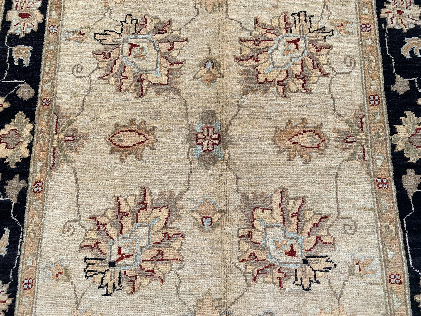 Beige Black Afghan Floral Rug, Hand Knotted Wool Area Rug, Traditional Turkmen Rug, Home Decor Rug, Rugs for Bedroom Living Room Rug 4x6 ft