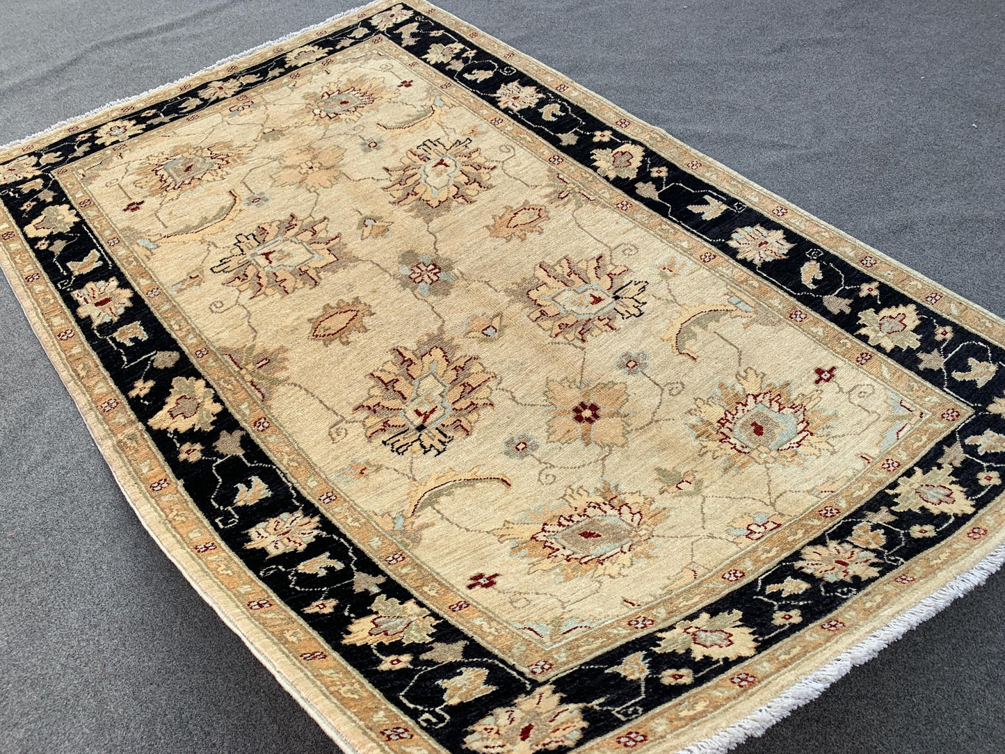 Beige Black Afghan Floral Rug, Hand Knotted Wool Area Rug, Traditional Turkmen Rug, Home Decor Rug, Rugs for Bedroom Living Room Rug 4x6 ft