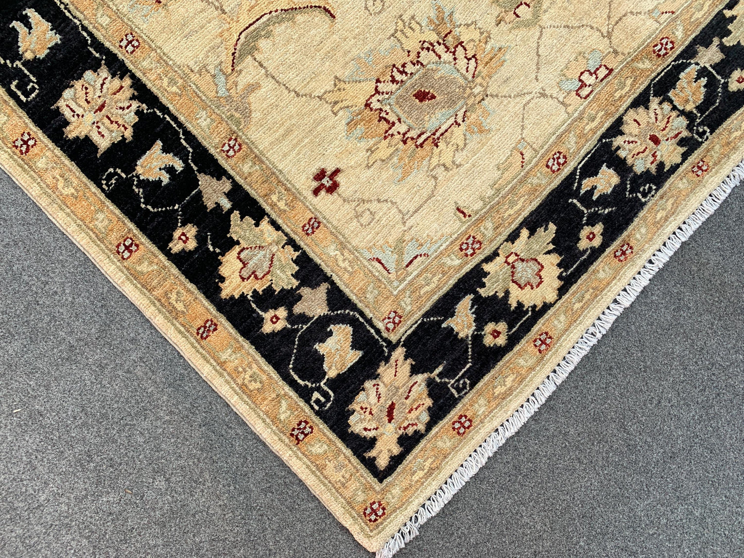 Beige Black Afghan Floral Rug, Hand Knotted Wool Area Rug, Traditional Turkmen Rug, Home Decor Rug, Rugs for Bedroom Living Room Rug 4x6 ft