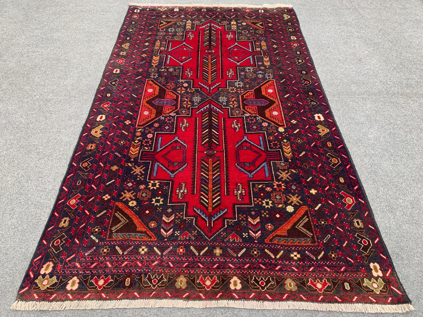 Vintage Baluchi Rug 4x6 ft Hand Knotted Wool Rug. Geometric Area Rug, Afghan Tribal Rug, One of a kind Herati Rug, Living Room Bedroom Rug.